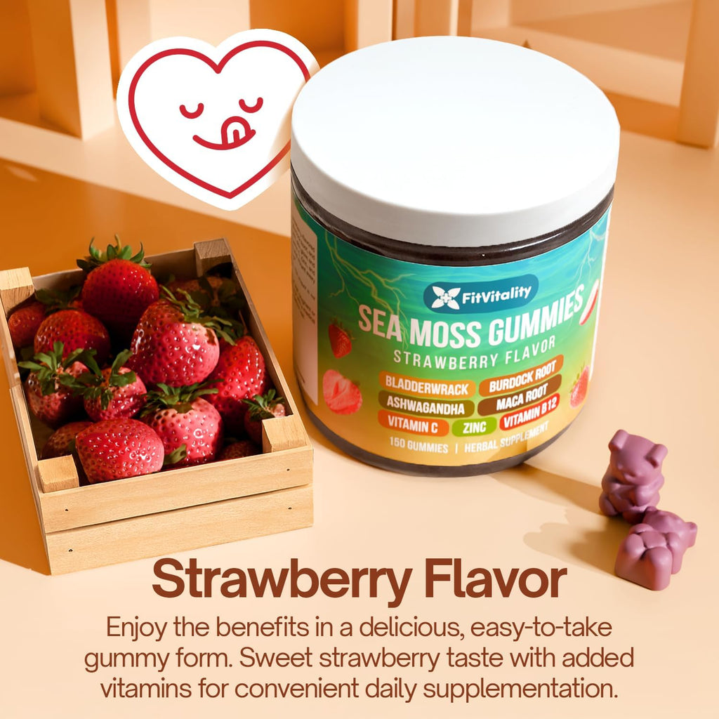 Sea Moss Gummies | Strawberry Flavor Vegan Gummies | Extra Rich 9-in-1 Formulation with Irish Sea Moss, Elderberry, Bladderwrack, Burdock, Ashwagandha, Maca, Zinc, B12 | Energy & Immune Support