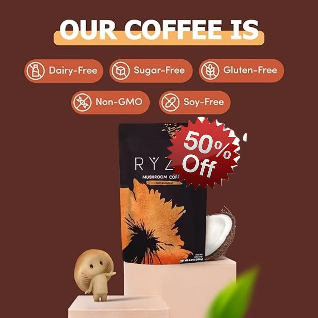 RYZE SUPERFOODS Mushroom Medium Roast Coffee Starter Kit, USDA Organic Instant Coffee with 6 Adaptogenic Mushrooms and for Energy, Focus, Digestion, Immunity with Lions Mane & Turkey Tail 30 Serving