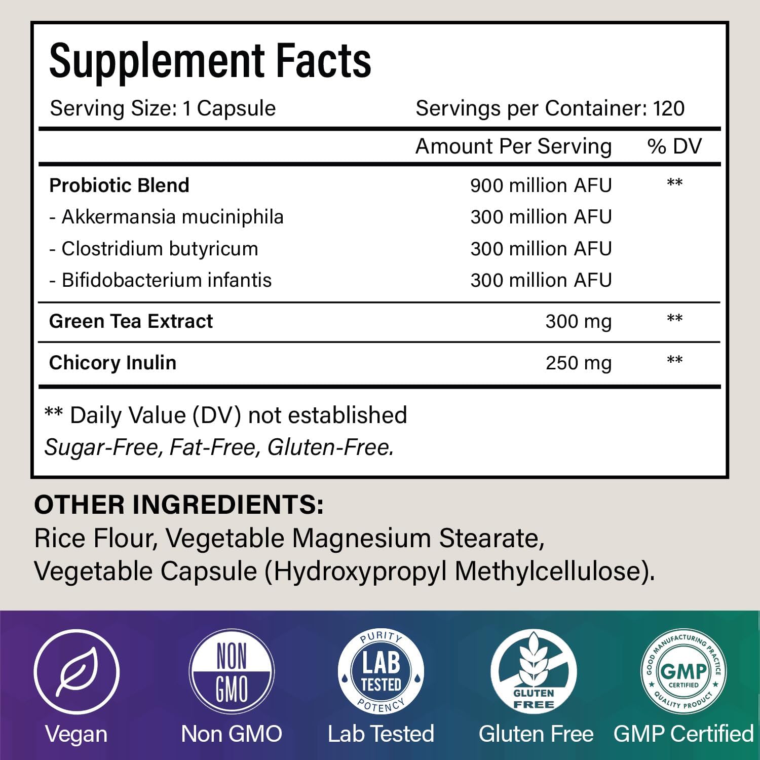 Probiotic Capsules - 900 Million AFU of Akkermansia, Clostridium, Bifidobacterium. Added Prebiotic Chicory and Green Tea Exact.