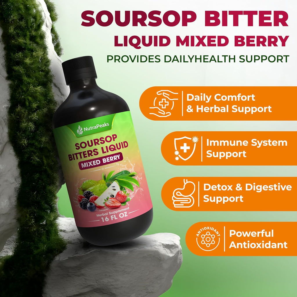 Soursop Bitters Liquid – Herbal Daily Wellness Formula with Soursop, Ginger, Turmeric & Black Seed Mixed Berry Flavor