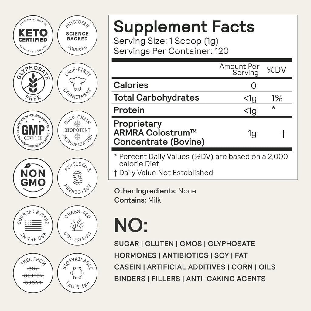 ARMRA Colostrum™ Powder | Unflavored | Gut Health & Bloating | Skin & Hair | Immunity | Keto, Gluten & Fat-Free | 120 Servings