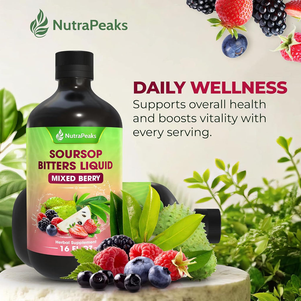 Soursop Bitters Liquid – Herbal Daily Wellness Formula with Soursop, Ginger, Turmeric & Black Seed Mixed Berry Flavor