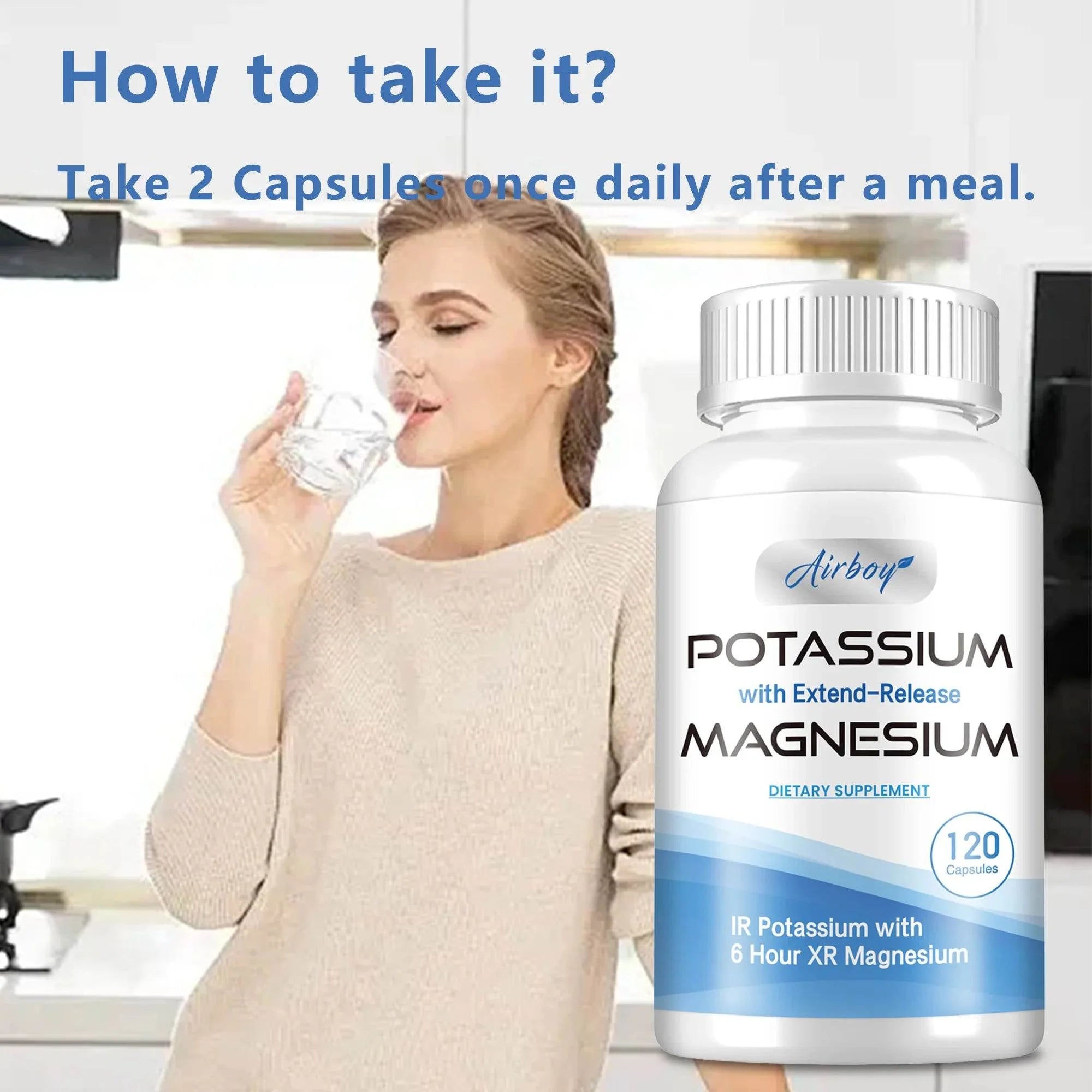 Potassium with Magnesium Supplement - Blood Pressure Support, Promotes Healthy Blood Flow, Heart Health - 120 Capsules