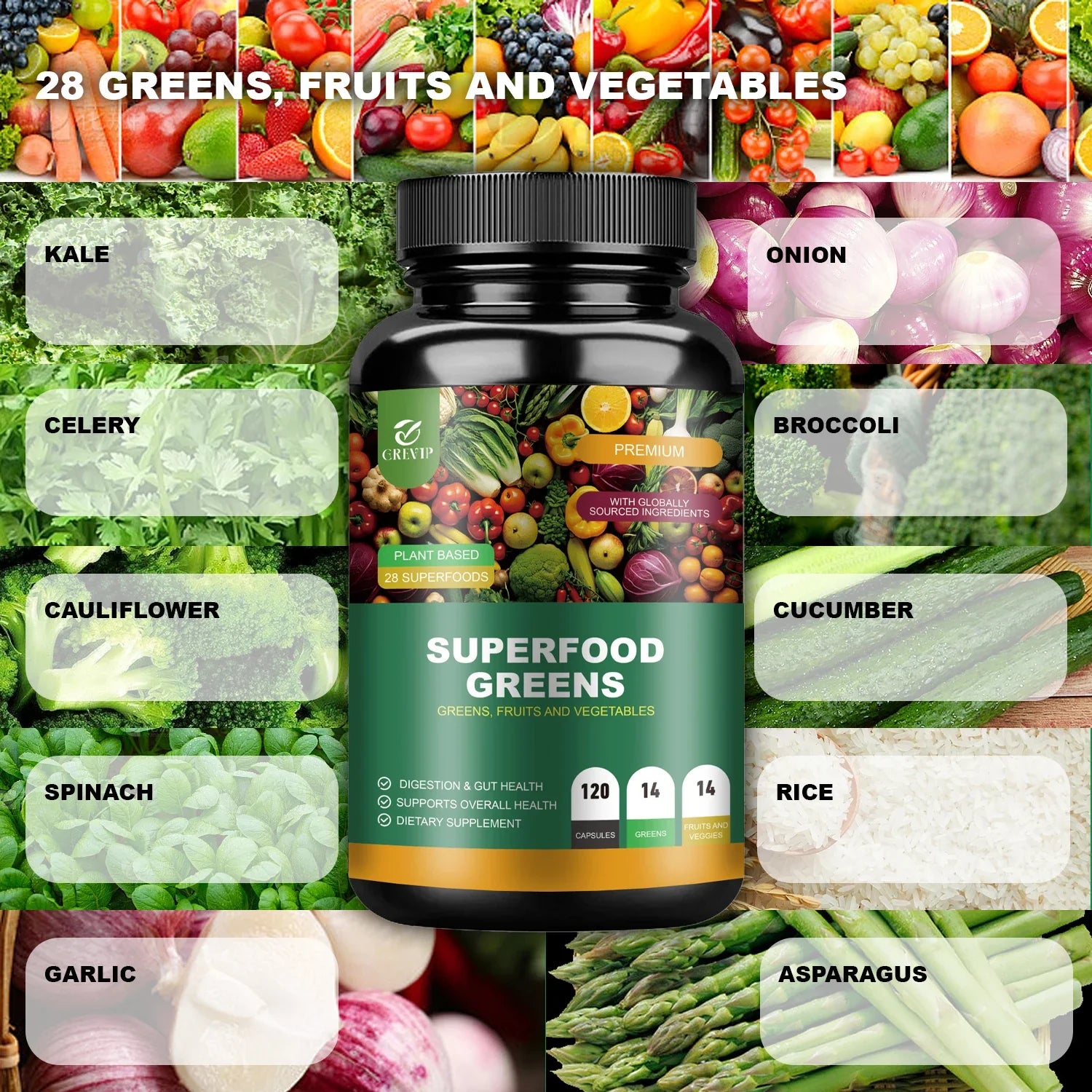 Organic Superfood Greens Supplement - Digestive Support, Energy Boost, Antioxidant - 120 Capsules