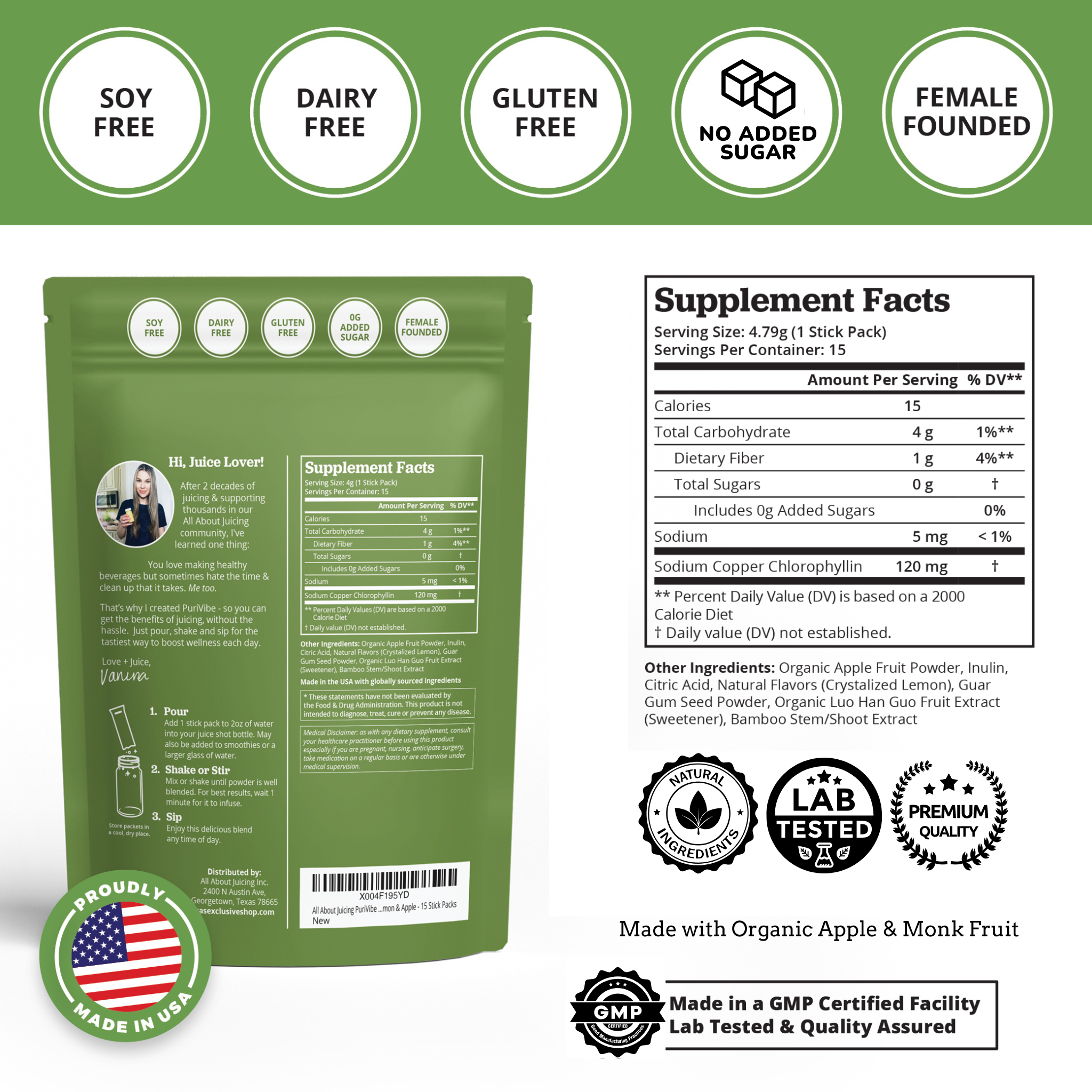 PuriVibe Chlorophyll & Lemon Juice Shots - Wellness Shot, Superfood Supplement Powder - Green Juice - Supports Detox & Gut Health