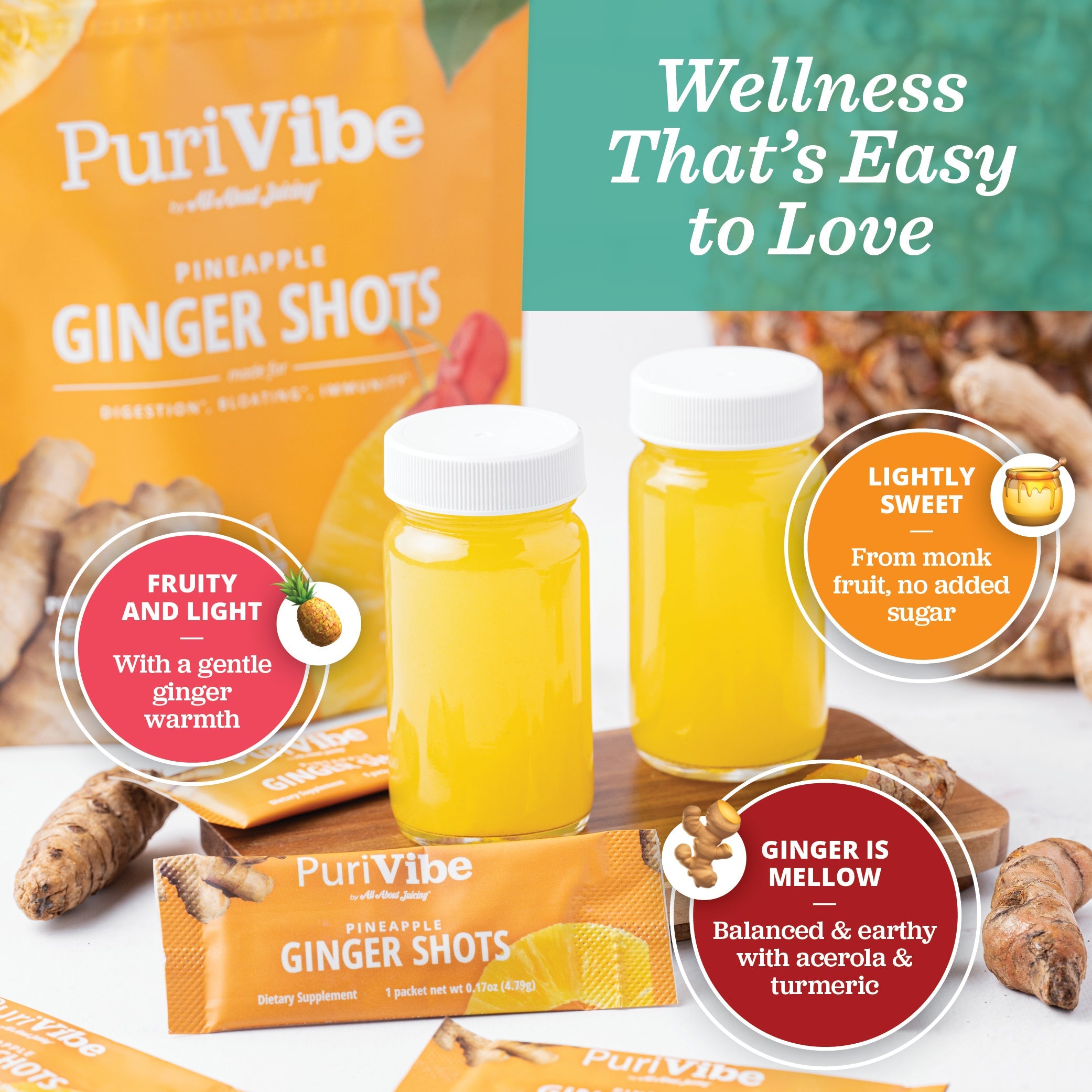 PuriVibe Pineapple Ginger Shot - Superfood Juice Powder, Wellness Shots Supplement - Supports Immunity & Digestion - Stick Packs