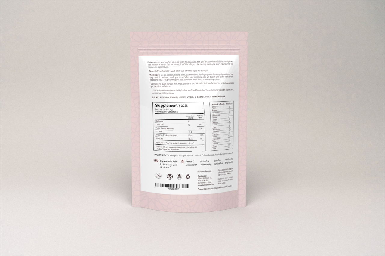 Pure Halal Collagen Hydrolyzed Peptides Type 1 & 3 Powder - With Vitamin C & Hyaluronic Acid | Salaam Nutritionals